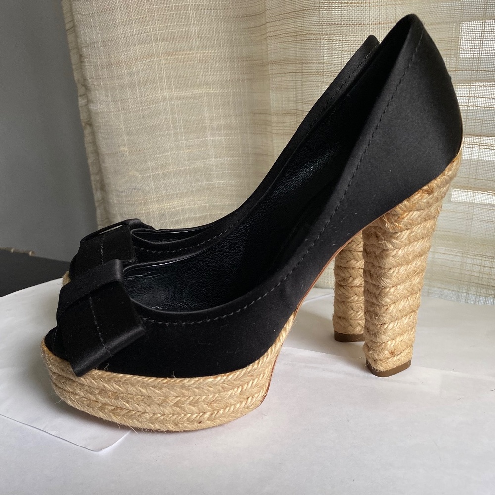 Louis Vuitton satin black espadrille clogs heels pumps platforms 36 Rivoli bow - Picture 10 of 12